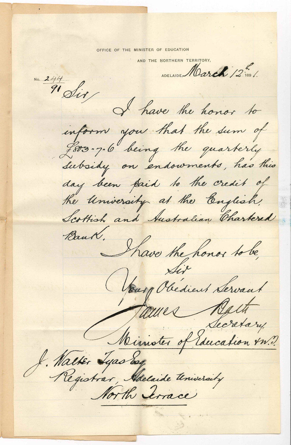 James Bath - Education Minister - Adelaide - Payment of quarters subsidy