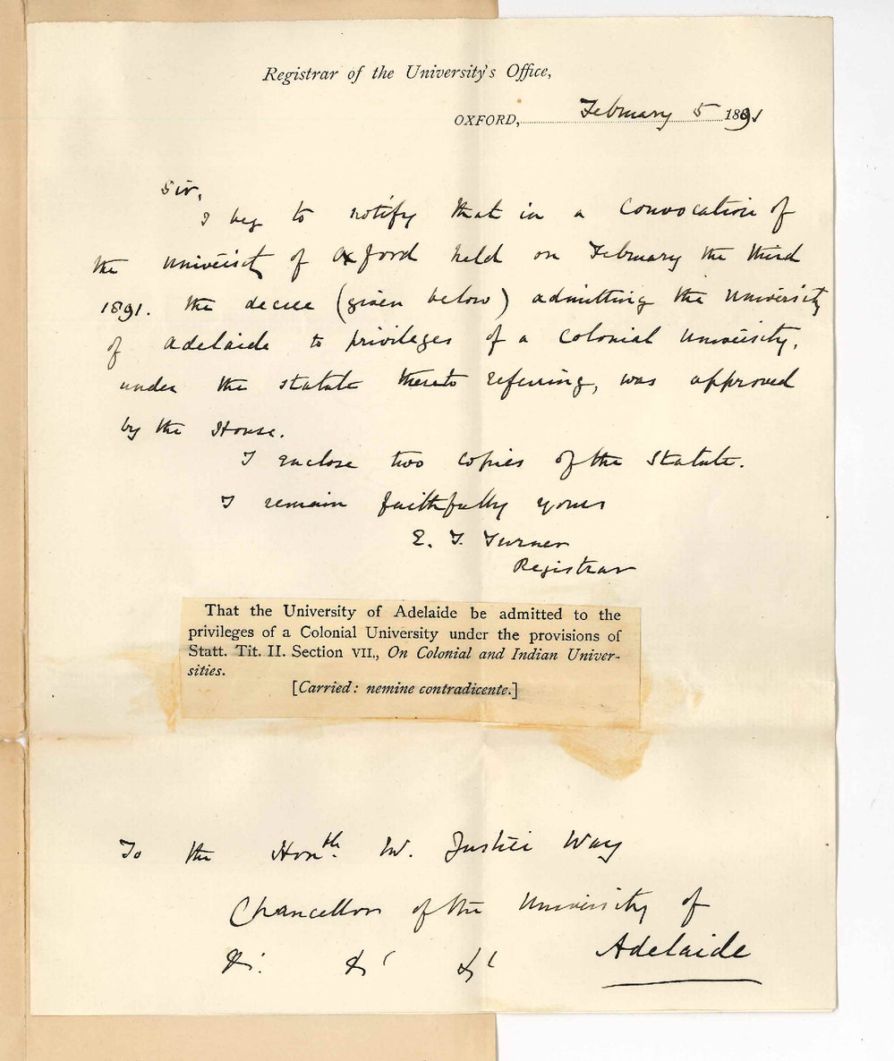 Ernest F Turner - The Registrar - University of Oxford - Recognition of the University of Adelaide