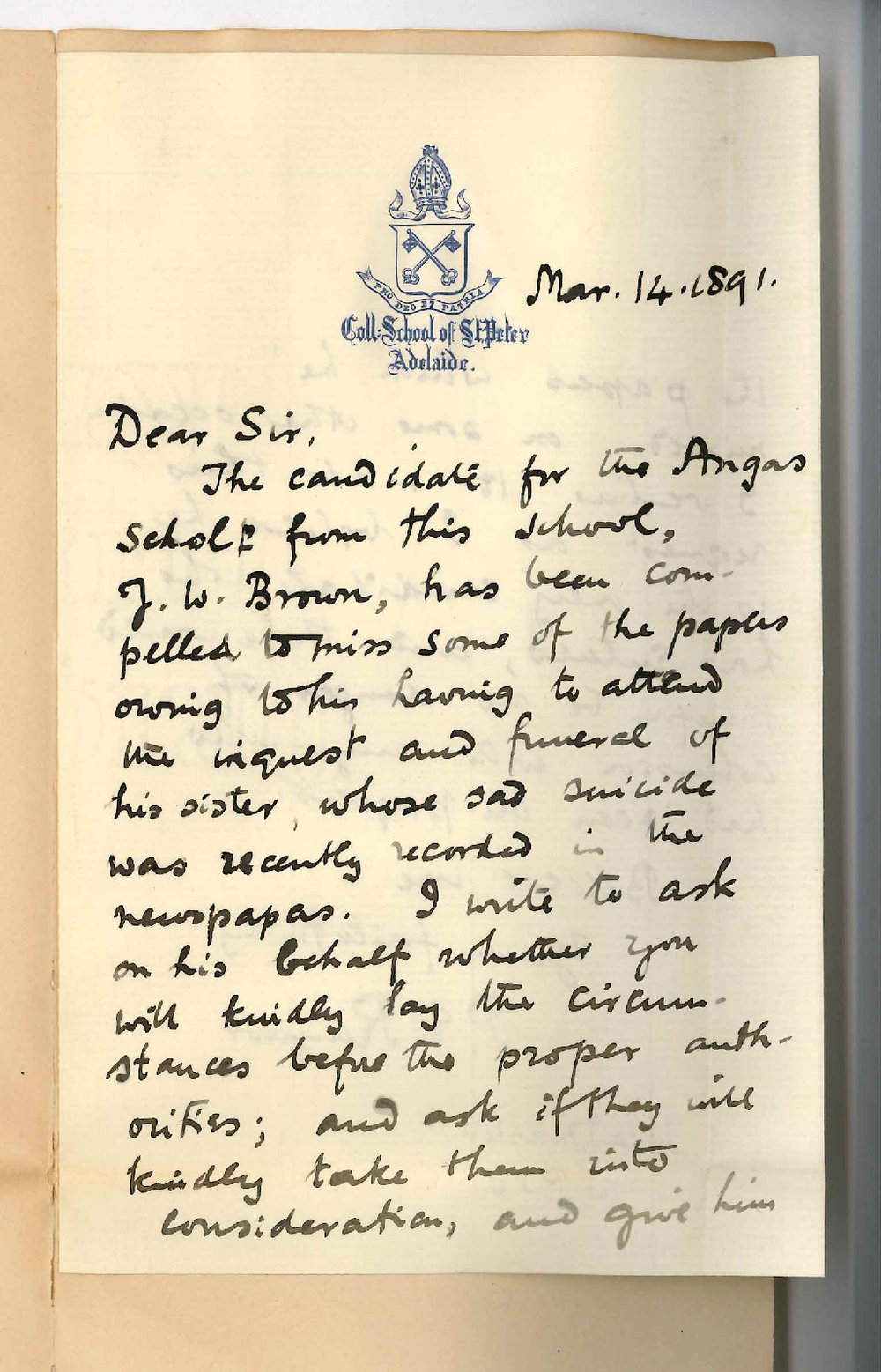 Reverend Philip Edwin Raynor - St Peters College - Case of Mr J W Brown and the Angas Exhibition Examination