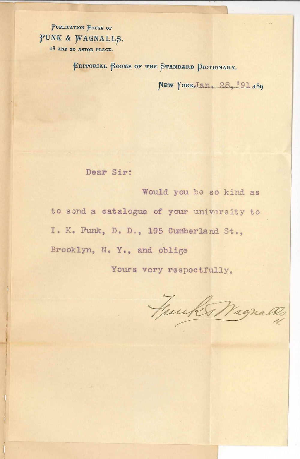 Messrs I K Funk and Wagnalls - New York - Asking for Calendar