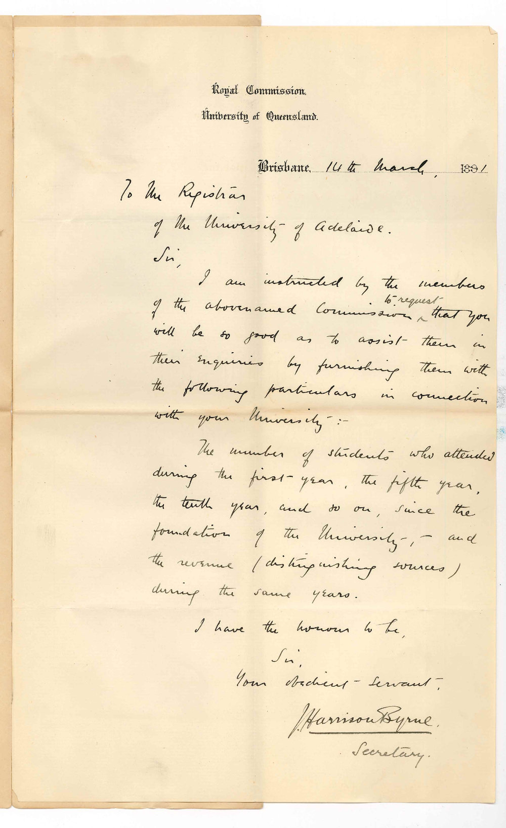 J Harrison Byrne - Secretary Royal Commission University of Queensland - Full information re University as to student income