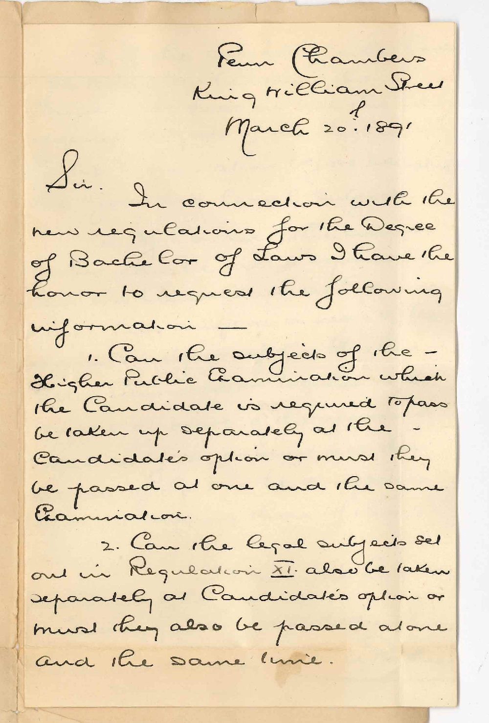 Frederick Pelham Rowley - Adelaide - Questions re new LLB Regulations