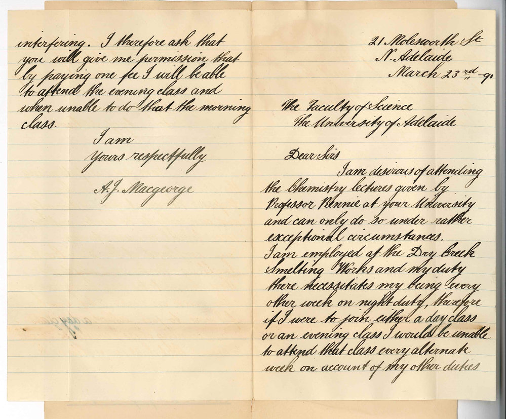 A J Macgeorge - North Adelaide - Asks permission to attend day and evening Classes in Chemistry for one fee