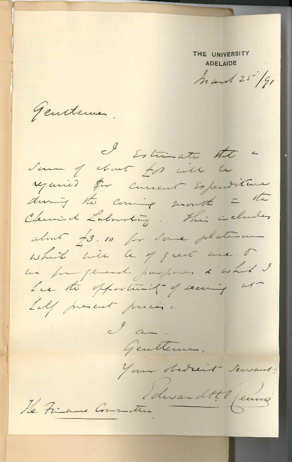 Professor Edward Henry Rennie - The University - Expenditure for the month