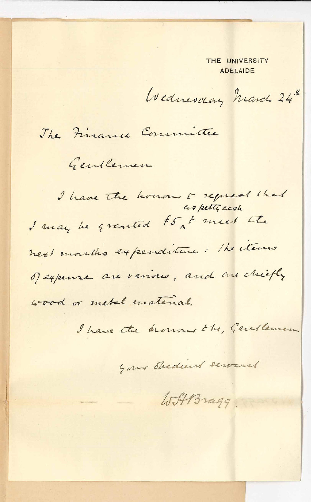 Professor William Henry Bragg - Requesting &pound;5 for April