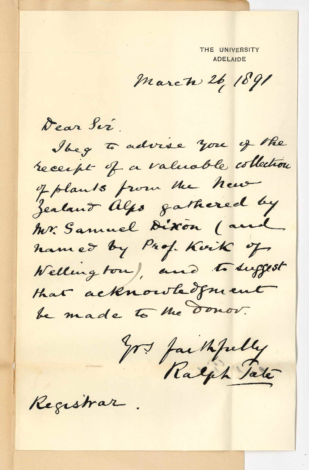 Professor Ralph Tate - The University - Presentation of collection of plants from New Zealand Alps