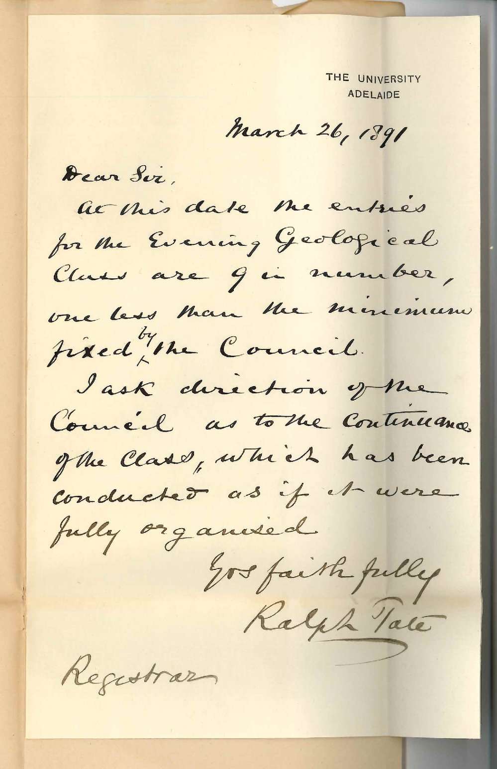 Professor Ralph Tate - The University - Instructions re Geology Evening Class