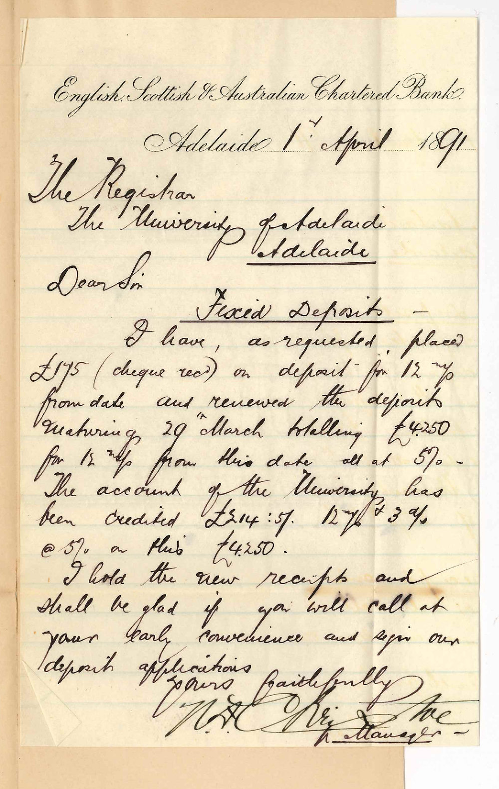 N F Christoe- The Manager - English Scottish Australian Chartered Bank - Concerning renewal of Deposit Receipts