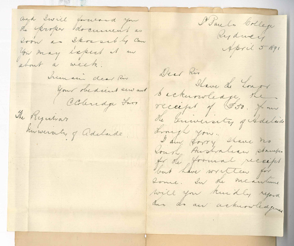 C C Farr - Sydney - Acknowledges receipt of Cheque for &pound;50