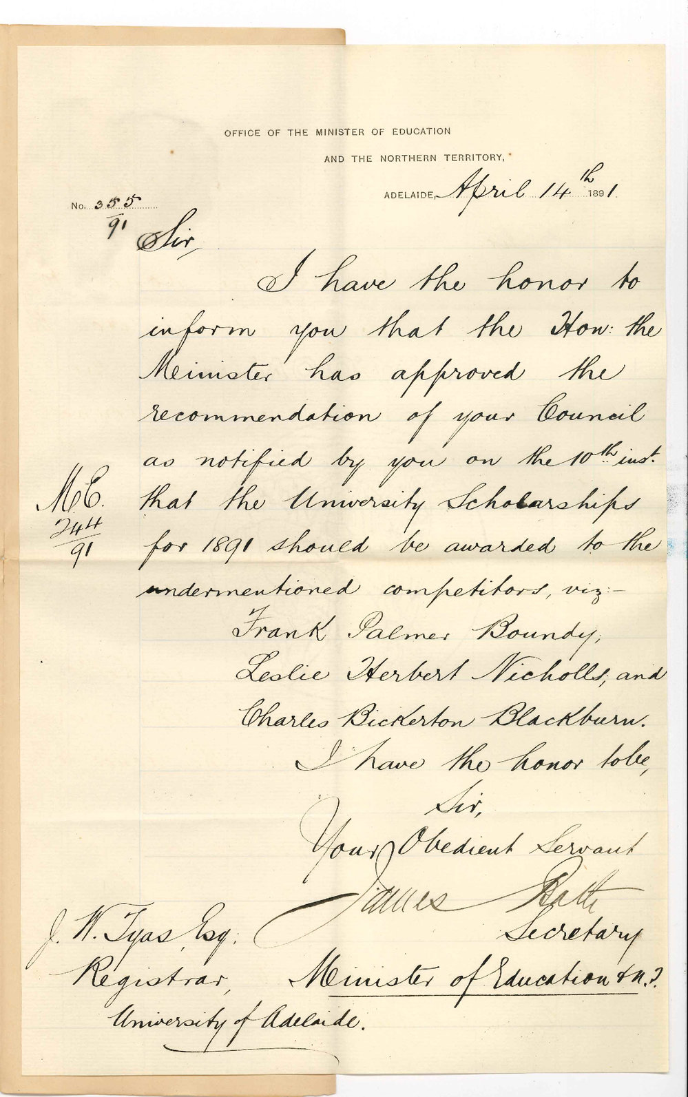 James Bath - Minister of Education - General Post Office - Approves election of University Scholars