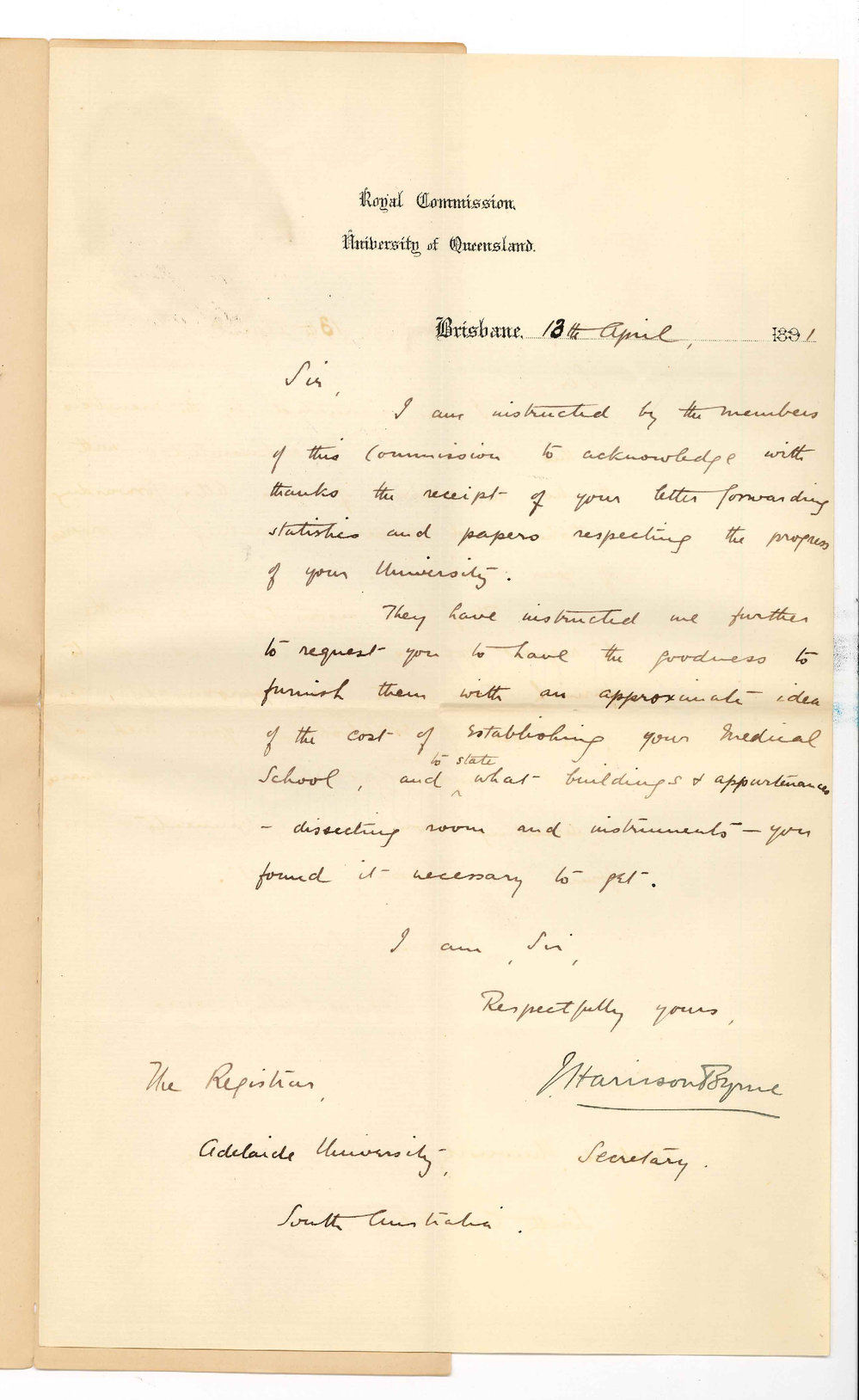 J Harrison Byrne - University of Queensland - Information respecting Medical School of this University