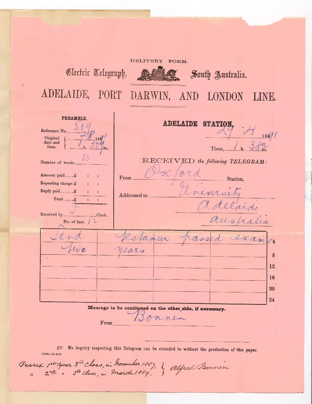 Alfred Bonnin - Oxford - Asks for testamur of having passed 2 years examinations in Law