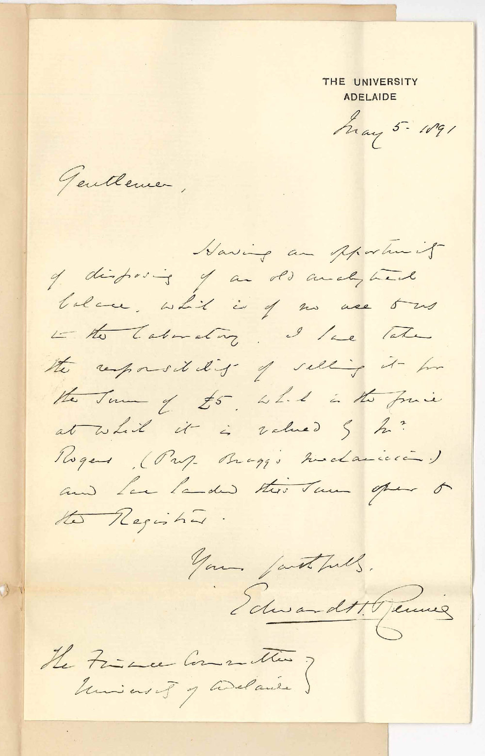 Professor Edward Henry Rennie - The University - Sale of Balance for &pound;5