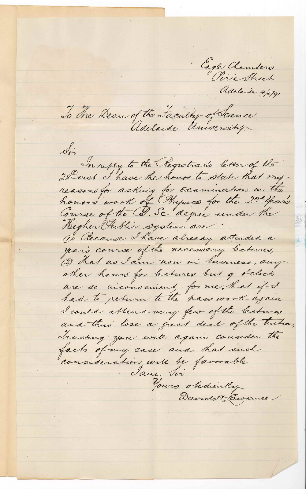 David H Lawrance - Adelaide - Honours in Higher Public Examination