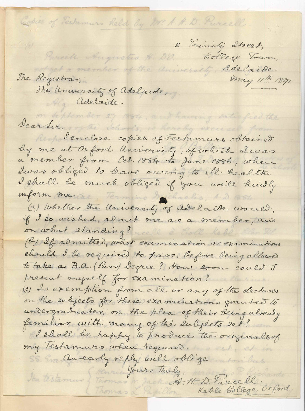 Augustus H D Purcell - College Town - Admission ad eundem statum to the BA Course