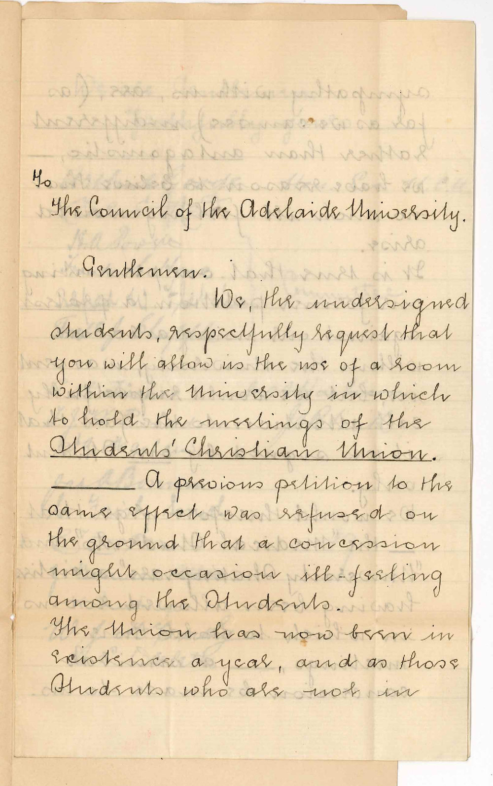 Frank S Hone Arthur Goodes etc - University Students - Asking for use of a room for Christian Union meetings