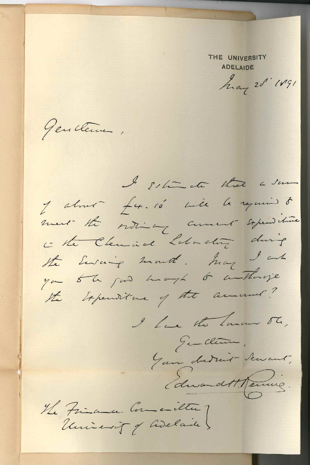 Professor Edward Henry Rennie - The University - Estimate expenditure for the month