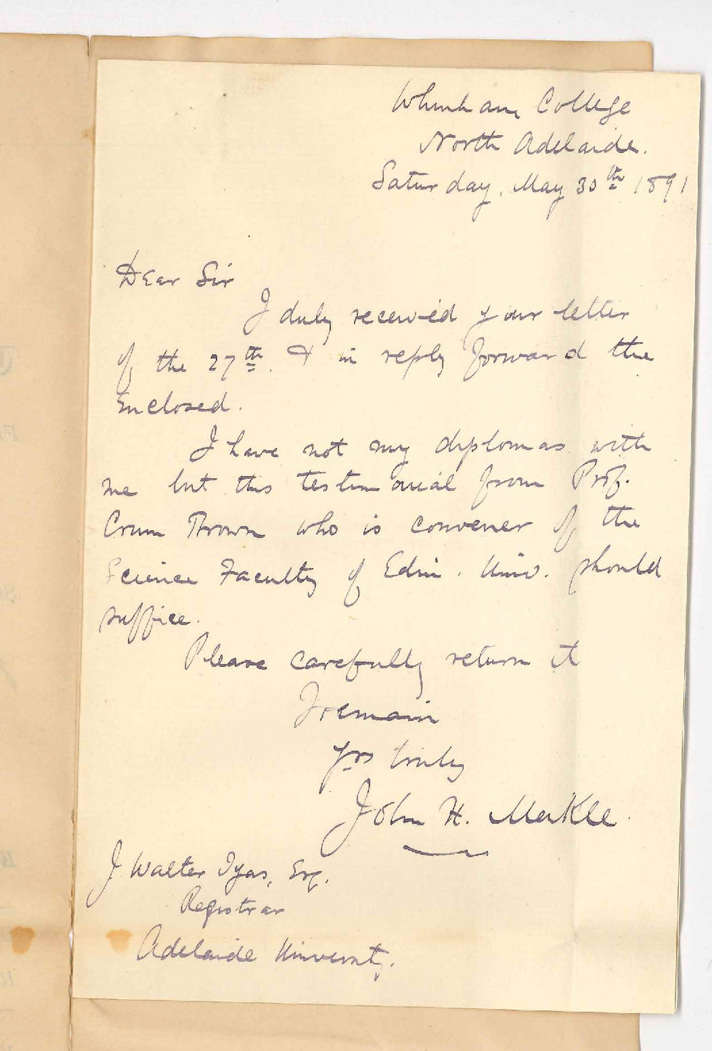 John H Meikle - Whinham College - Admission ad eundem gradum BSc