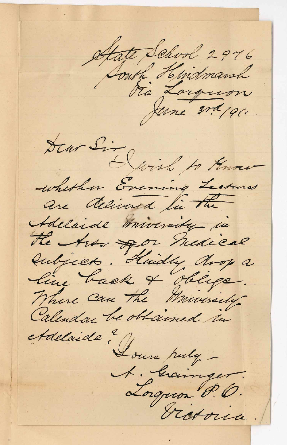 A Grainger - Victoria - Information re Evening Class