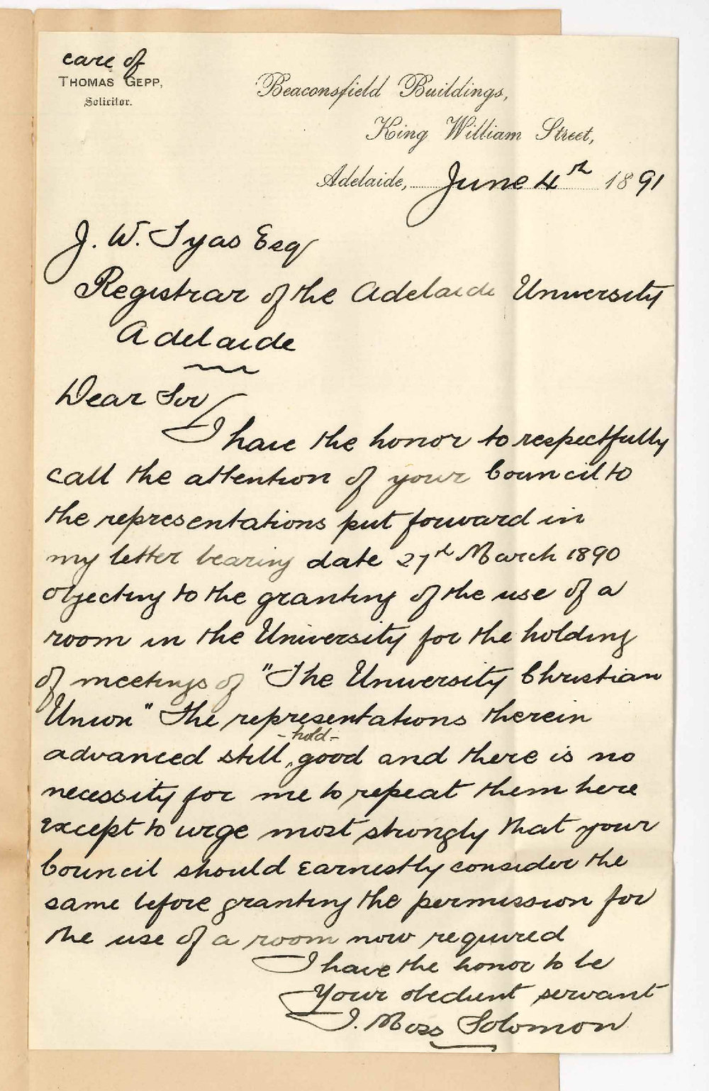 Judah Moss Solomon - Adelaide - Protests against use of room being granted to the University Christian Union