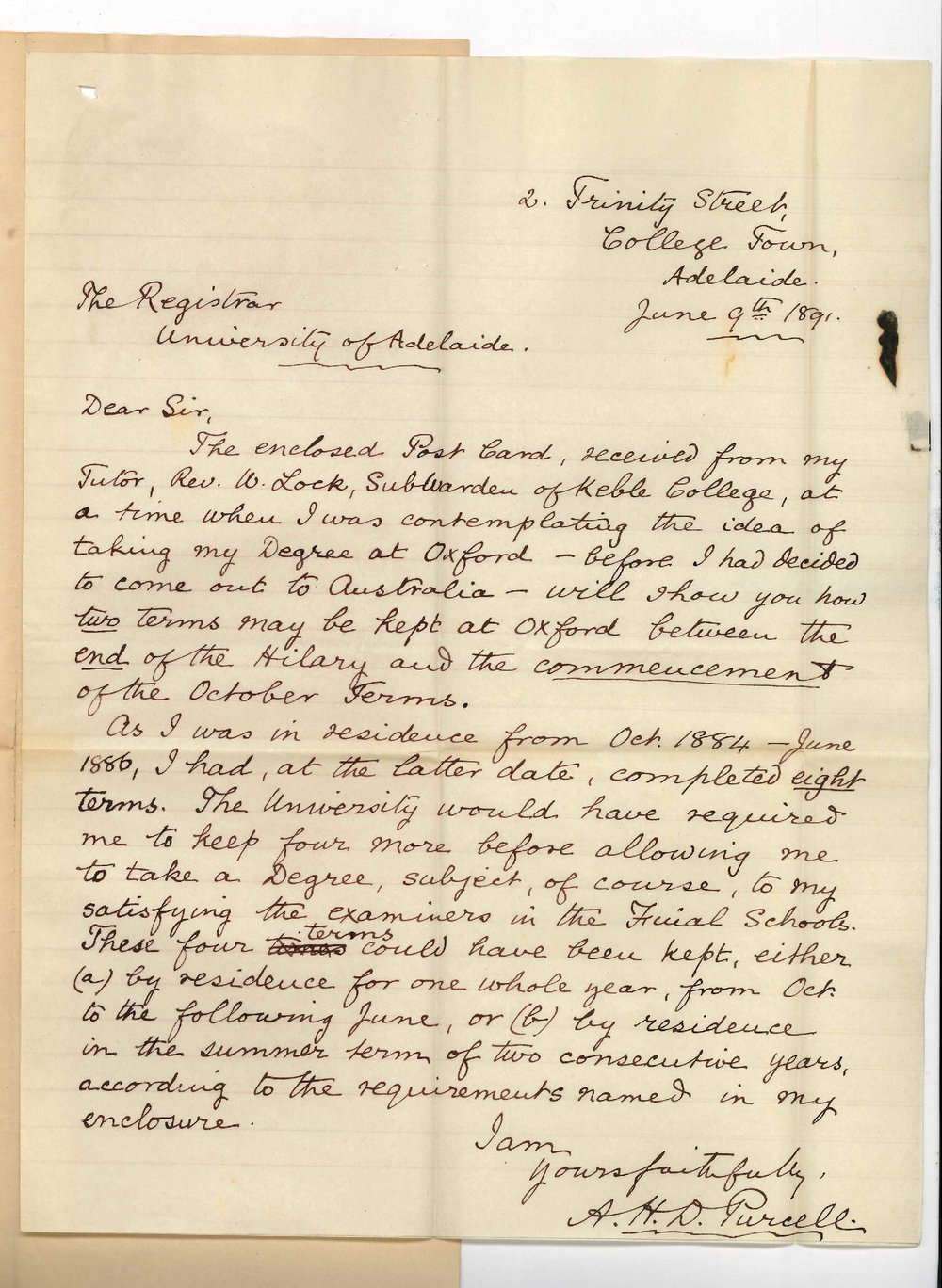 Augusts H D Purcell - College Town - Supporting application for admission ad eundem statum