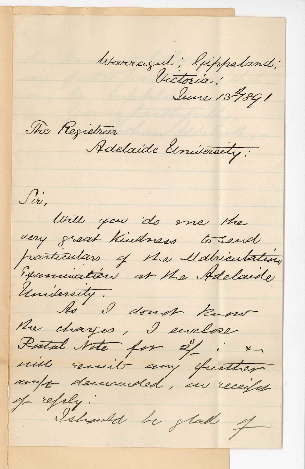 Arthur Allnutt - Victoria - Information concerning Matriculation Examination Asks for Calendar