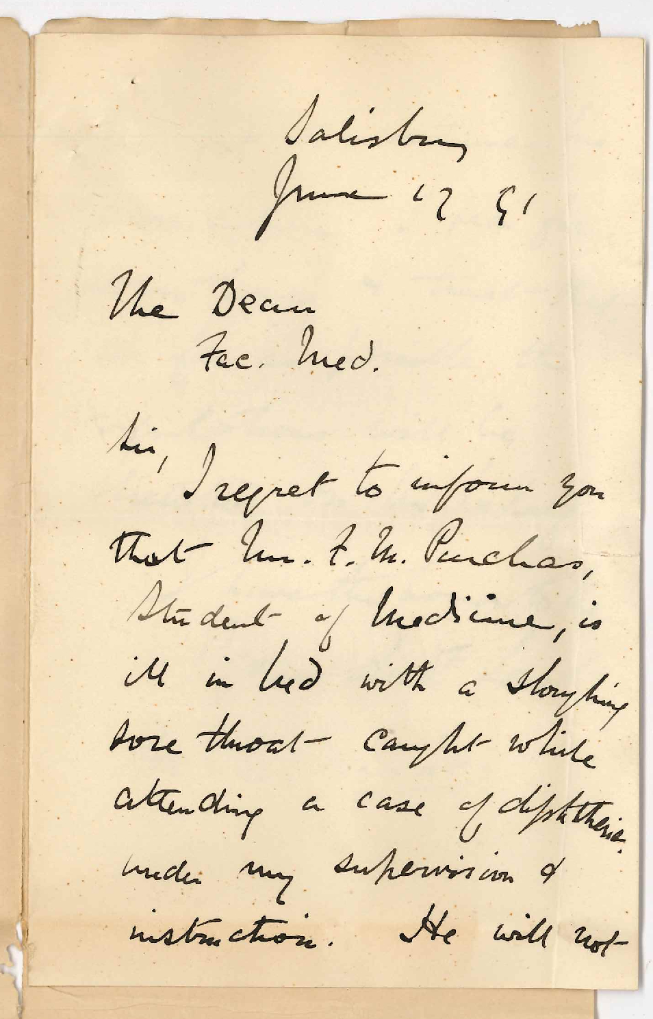 Dr Nesbitt - Salisbury - Illness of Mr Frederick Maurice Purchas