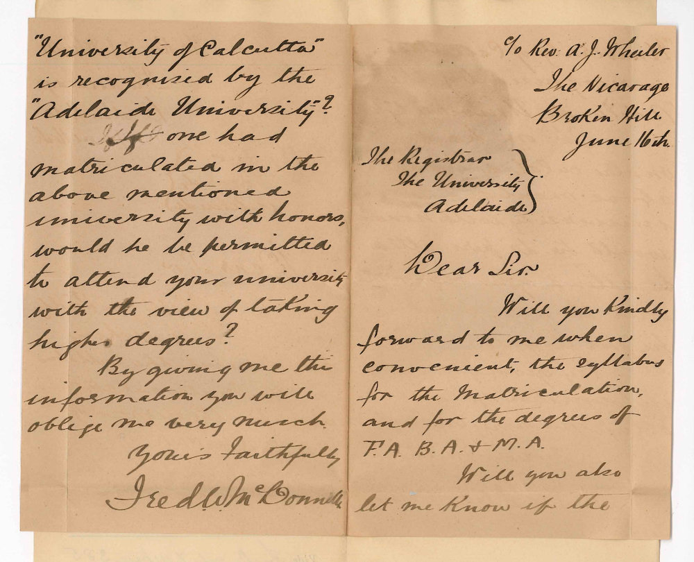 Frederick W McDonnell - Broken Hill - Admission ad eundem statum Matriculation Information re degrees