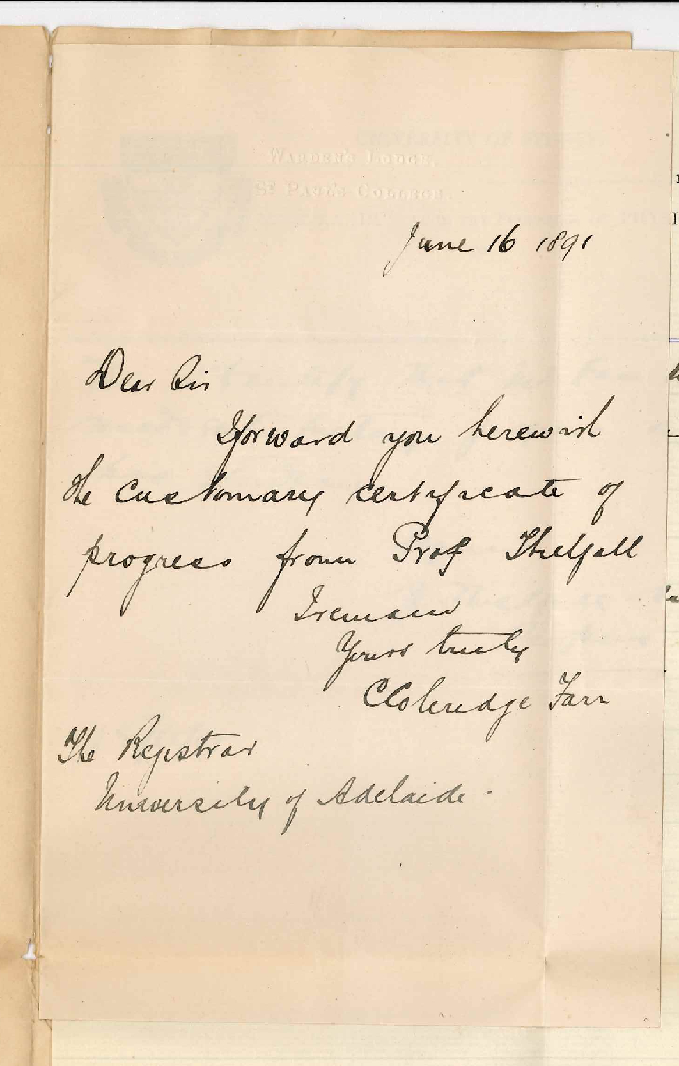 C C Farr - Sydney - Quarterly certificate of progress as Angas Scholar