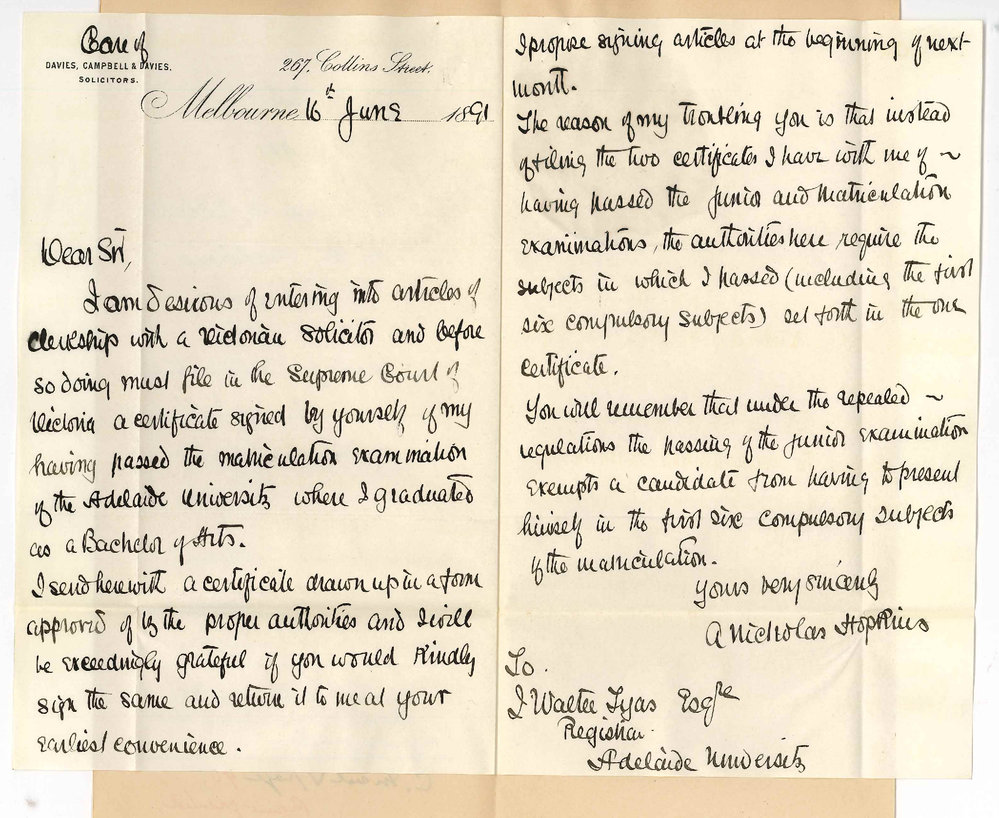 A Nicholas Hopkins - Melbourne - Asks for Certificate of having passed Junior and Matriculation Examinations