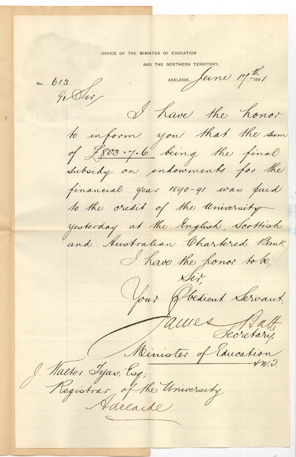James Bath - Minister of Education - Adelaide - Payment of quarters Interest