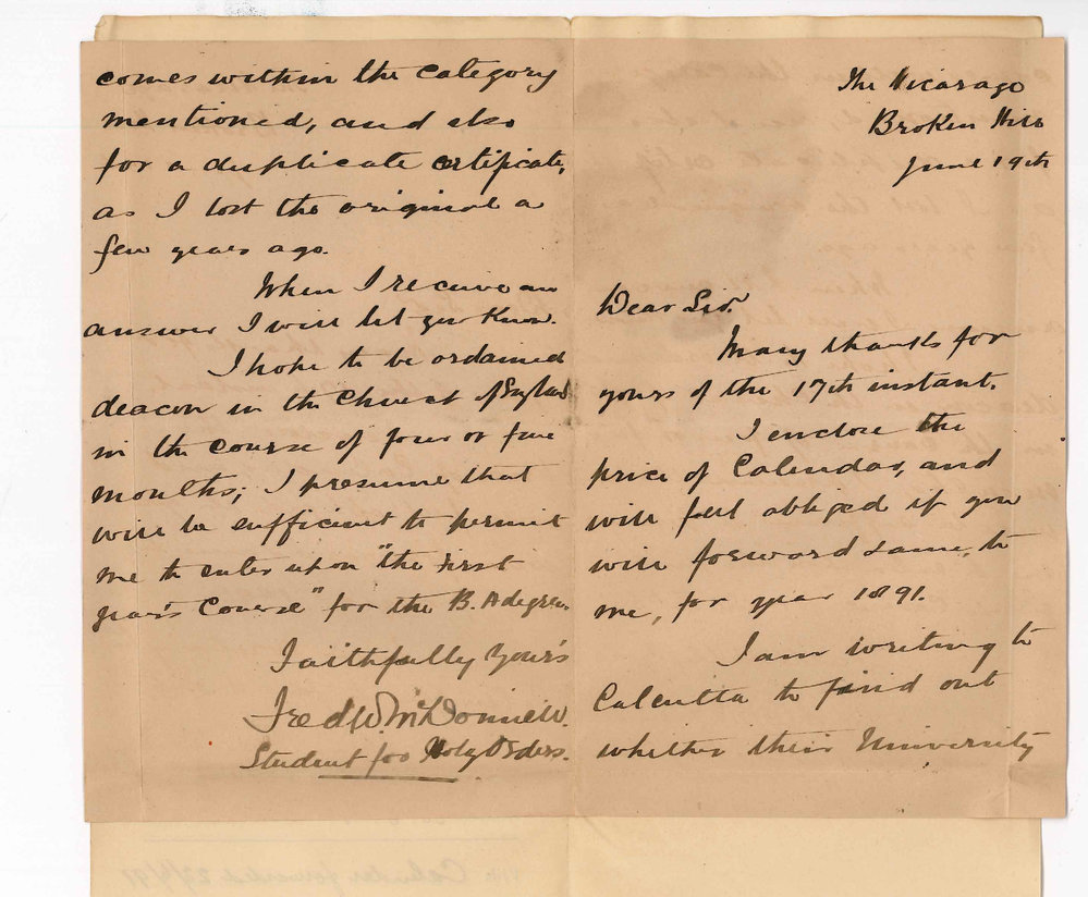 Frederick William McDonnell - Broken Hill - Asks for University Calendar