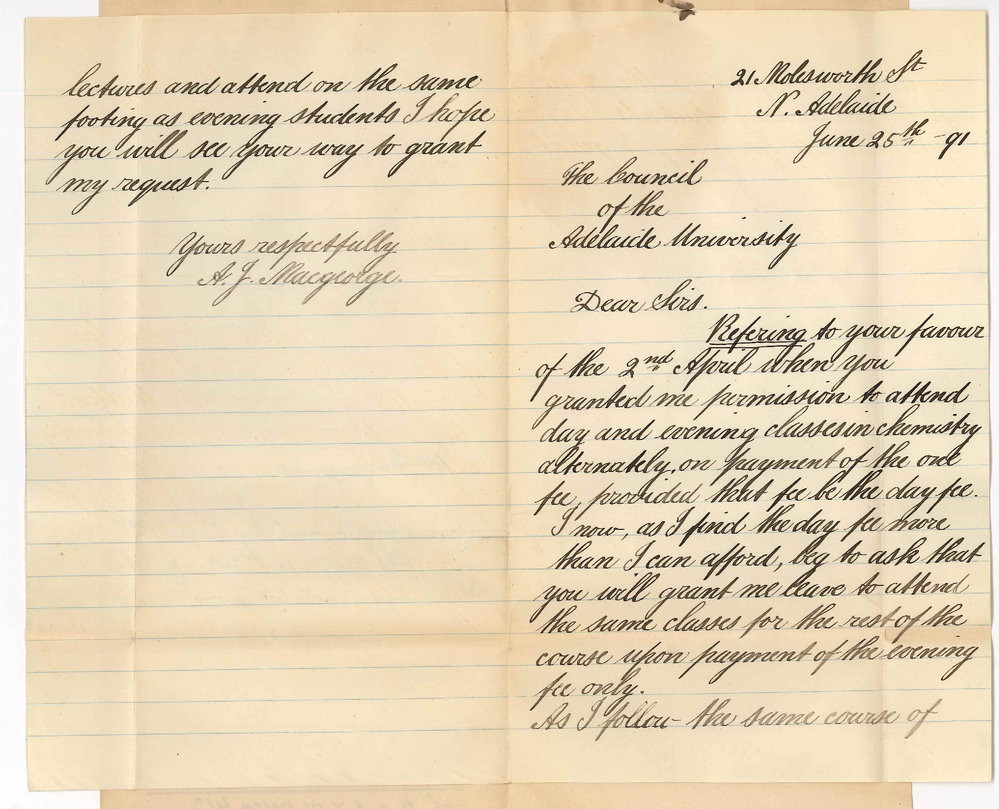 A J Macgeorge - North Adelaide - Asks to be allowed to take Chemistry Classes for Evening fee instead of day fee at present paid