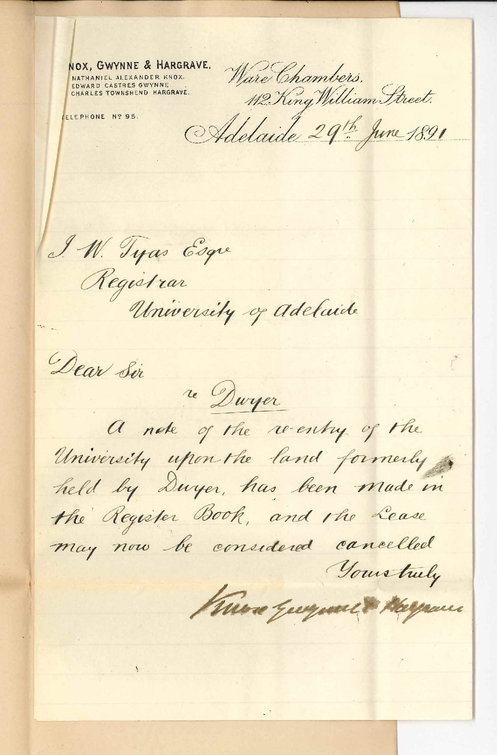 Knox Gwynne and Hargrave - Adelaide - Dwyers lease cancelled