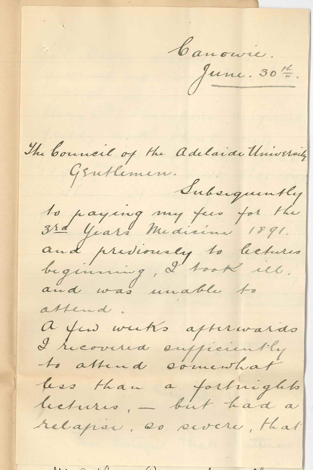 Arthur Goode - Canowie - Unable to continue MB Course this year - Asks that fees may stand to his credit for 1892