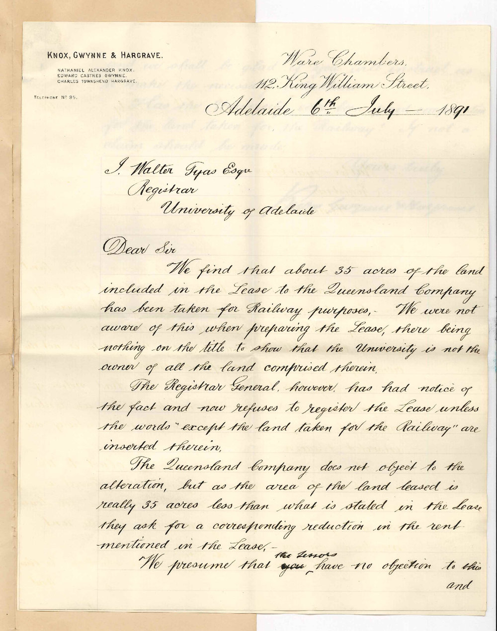 Knox Gwynne and Hargrave - Adelaide - Resumption of 35 acres of land at Tatiara by Government for Railway purposes