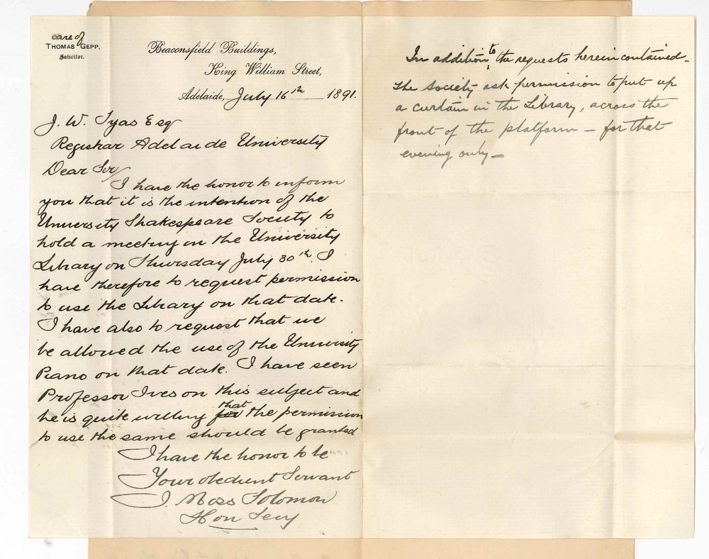 Judah Moss Solomon - Secretary Shakespeare Society - Society ask permission to use the Library Piano for meeting on July 30th