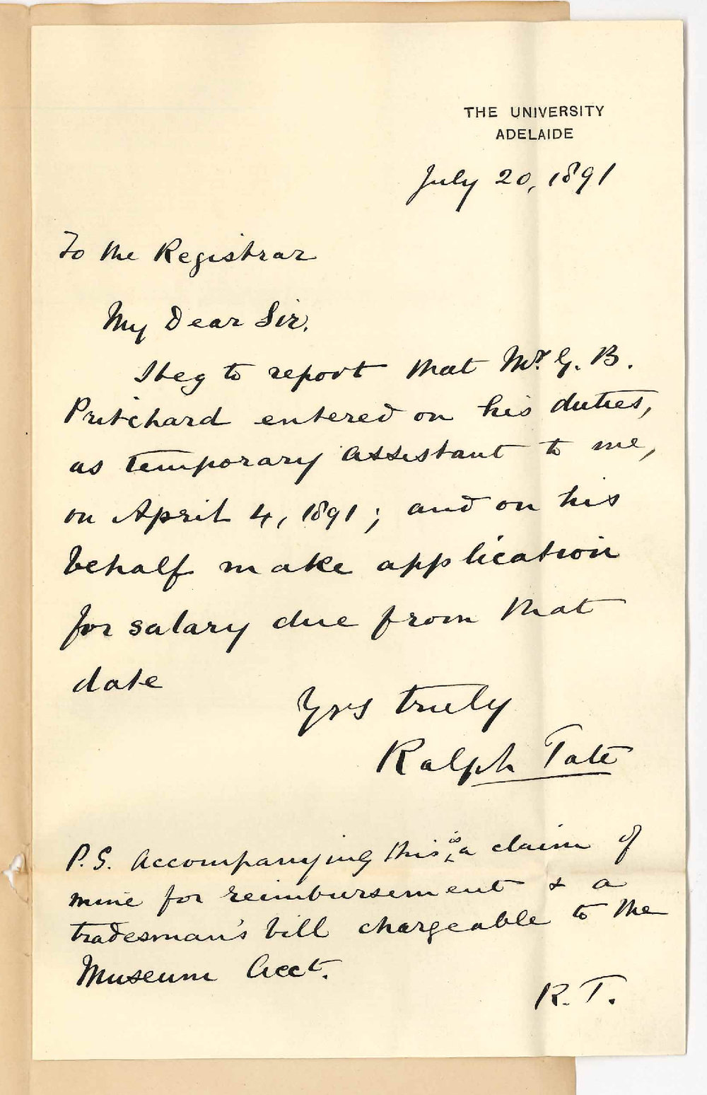 Professor Ralph Tate - The University - Salary for Mr Pritchard Assistant in Museum Reimbursement for payment of accounts