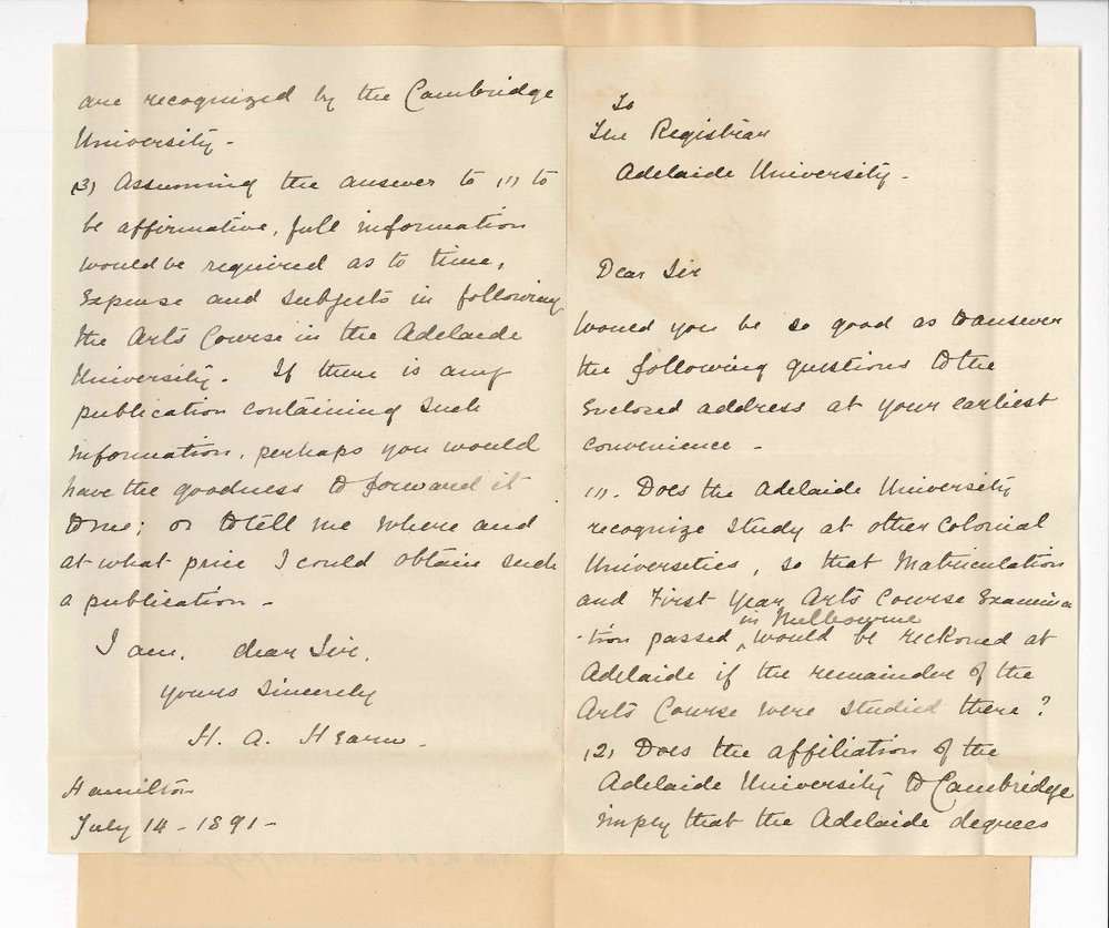 Miss H A Hearn - Victoria - Information re Arts Course and affiliation with Cambridge
