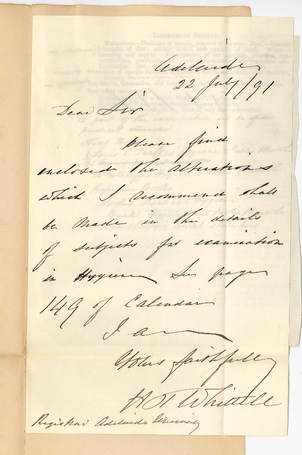 Dr Horatio Thomas Whittell - Adelaide - Alterations in details of subjects Hygiene for 1892