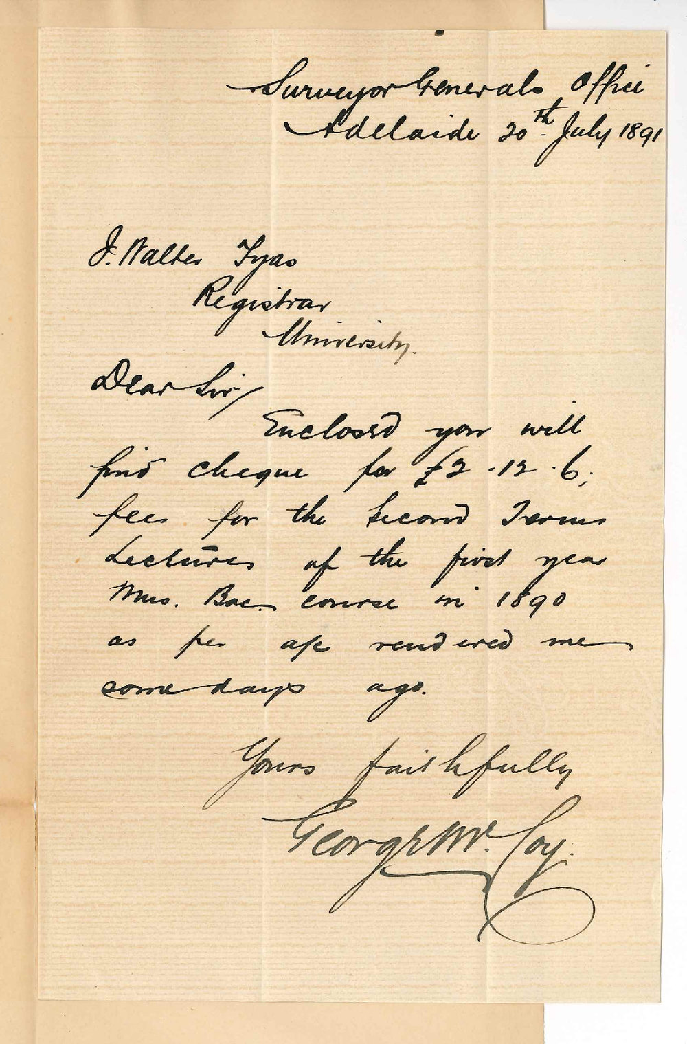 George McCoy - Adelaide - Payment of fees due for Music lectures in 1890