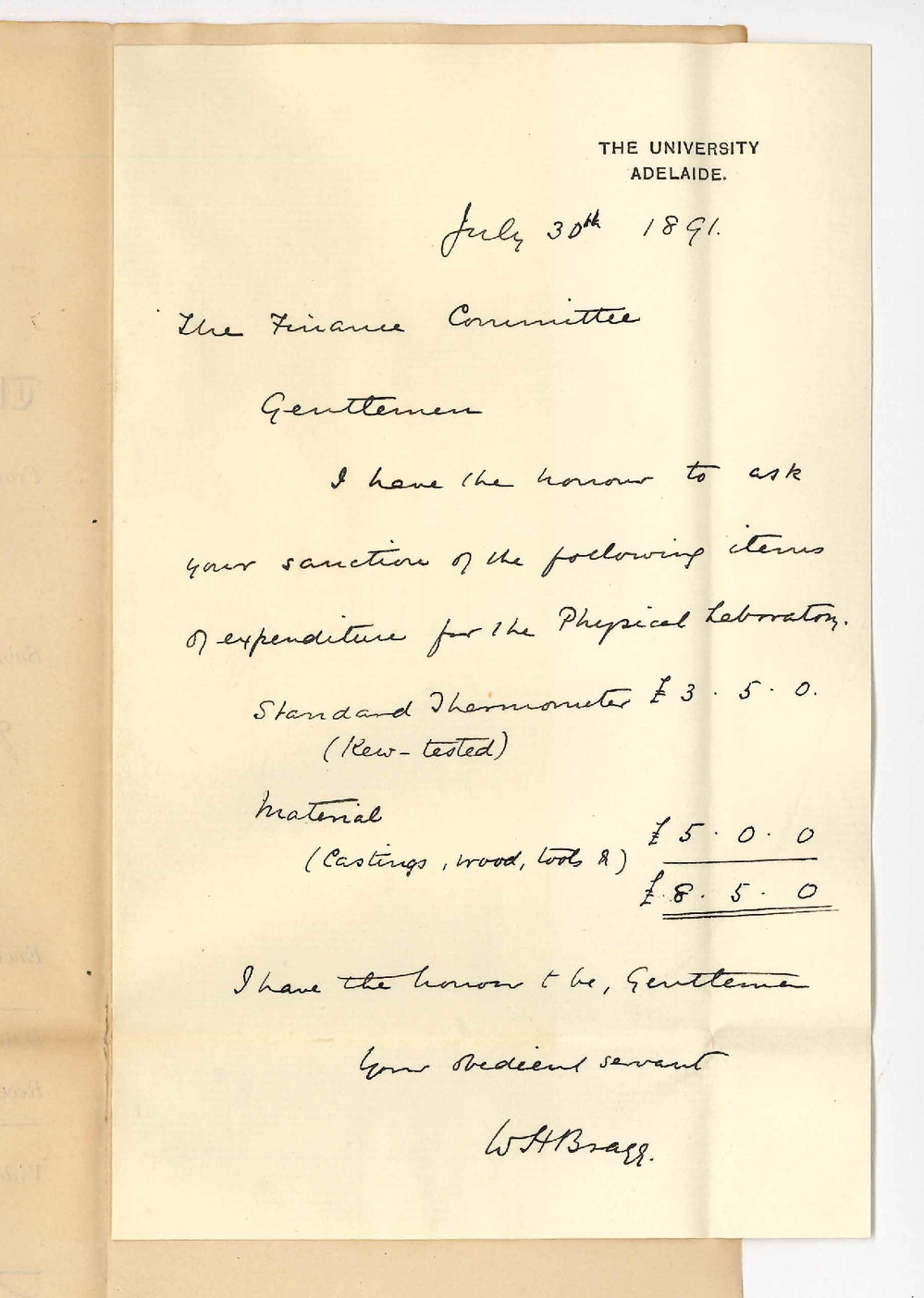 Professor William Henry Bragg - The University - Estimated expenditure for August