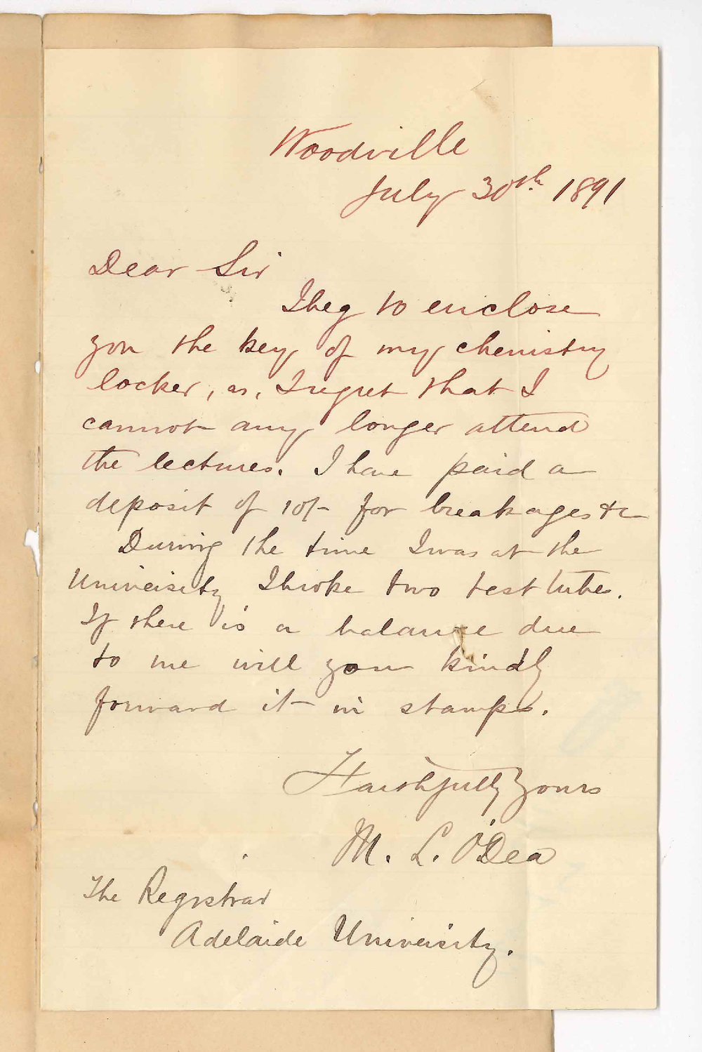 M L O'Dea - Woodville - Asks for return of Deposit fee