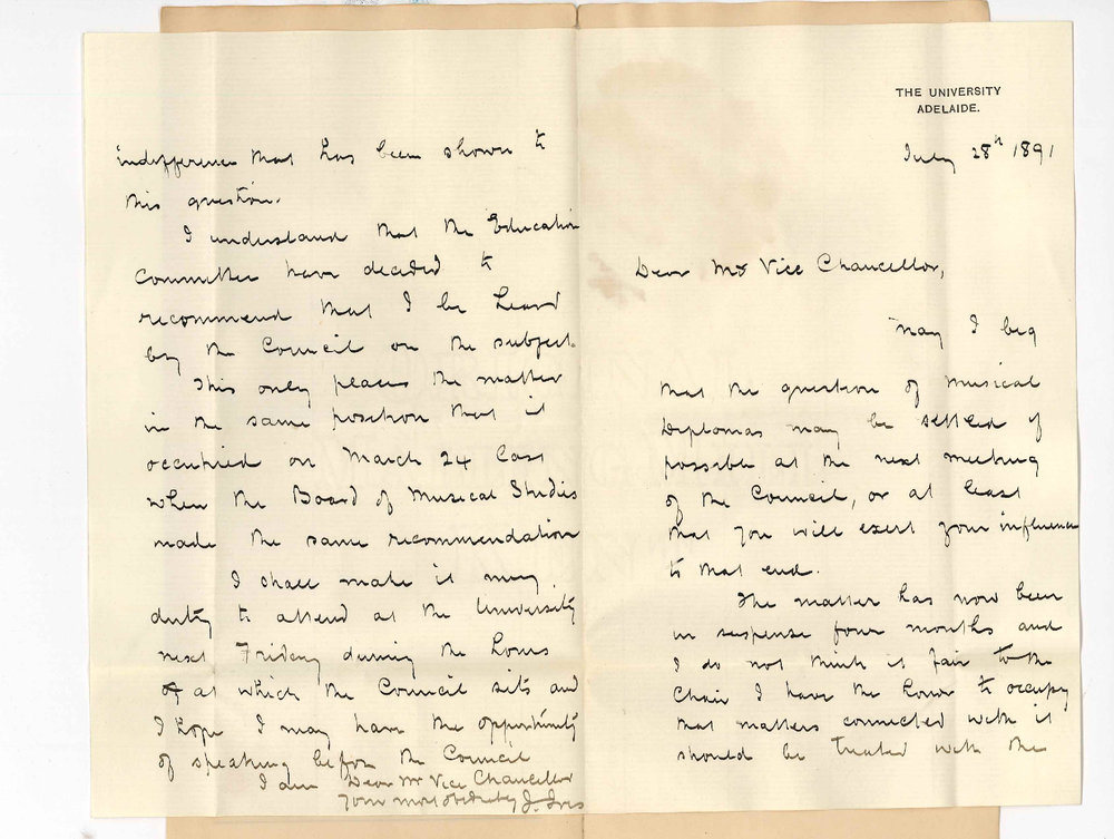 Professor Joshua Ives - The University To the Vice Chancellor - Asking that the Council will settle the question re Diploma of Musical Associate