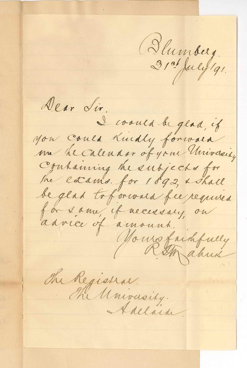 R T Mahnke - Blumberg - Asks for copy of Calendar for 1892