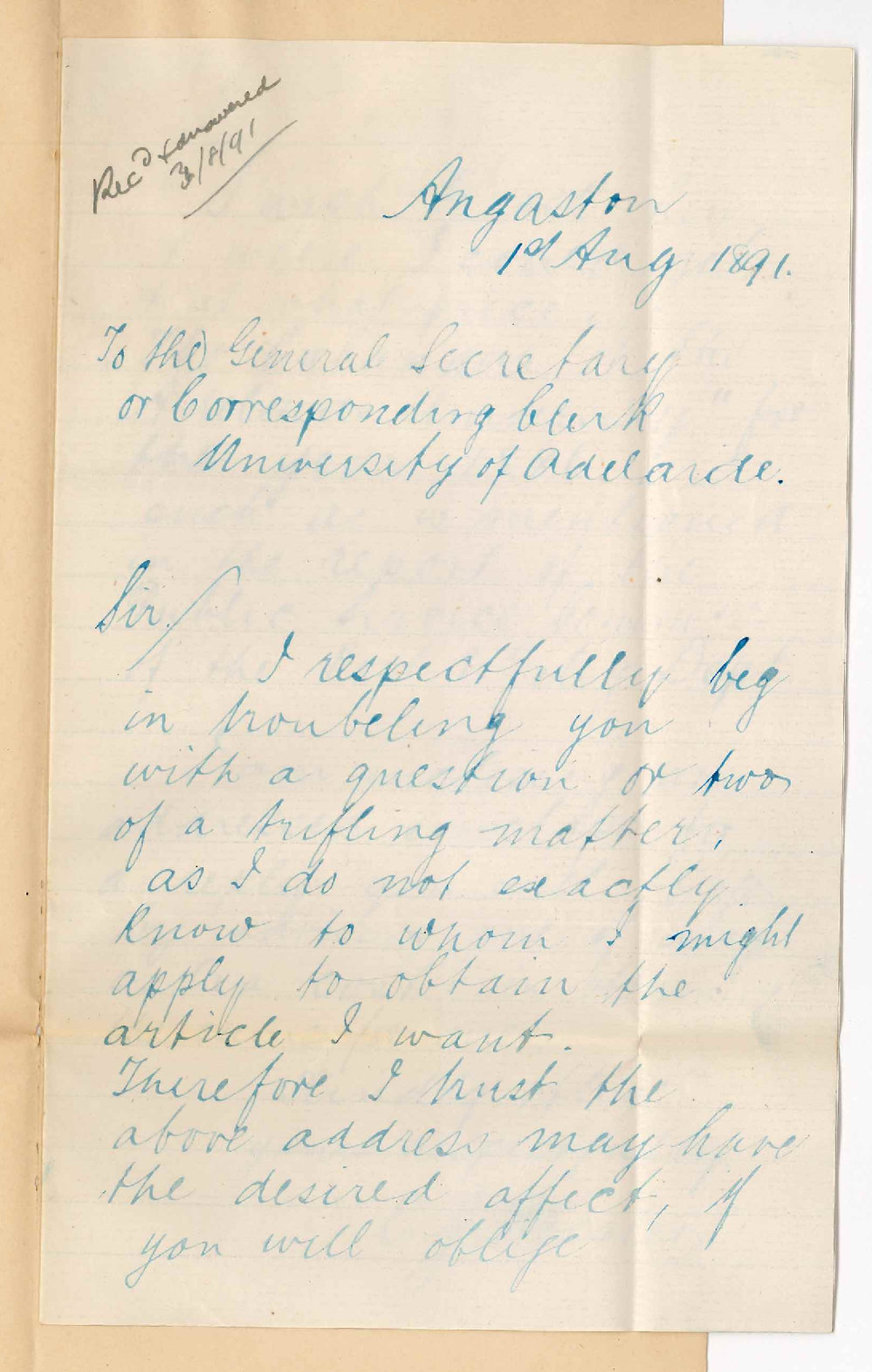 E J Roesler - Angaston - Asks if he can obtain copy of Calendar for 1886