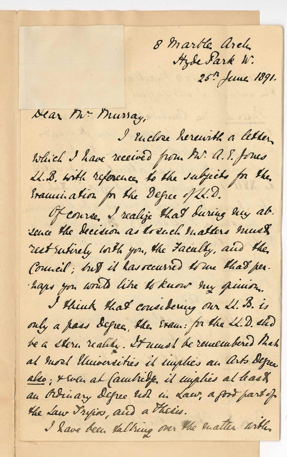 Professor Frederick William Pennefather - London - Re Mr Albert E Jones letter concerning LLD Examination