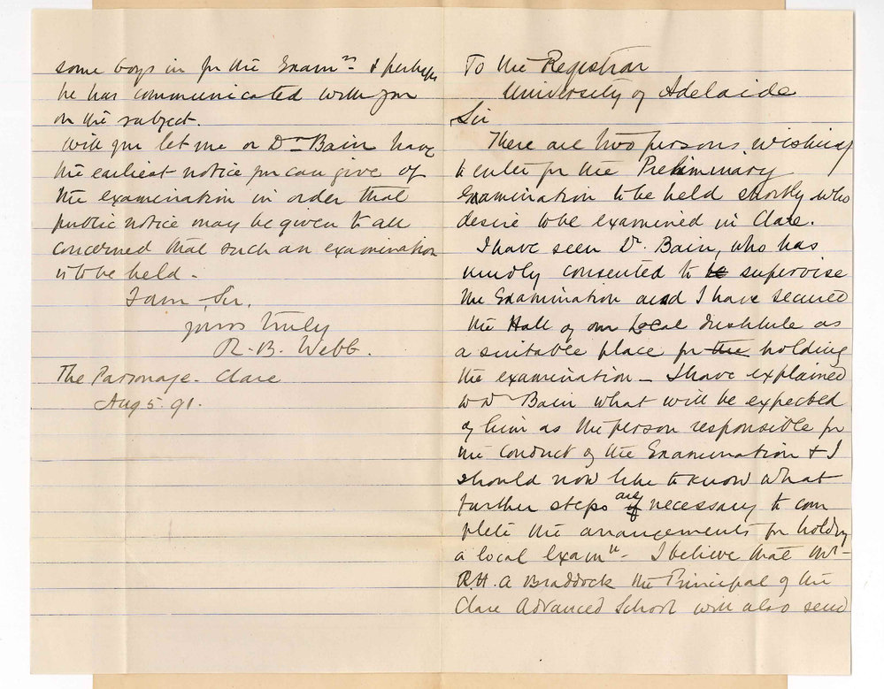 Reverend R B Webb - Clare - Preliminary Examination at Clare