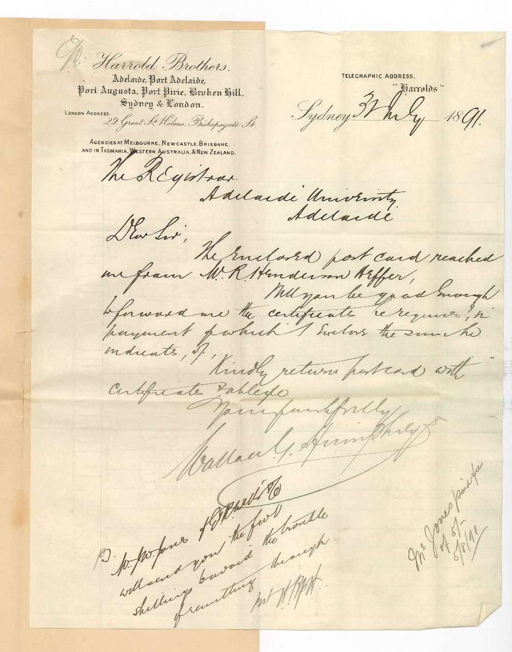 Wallace G Humphrey - Sydney - Asking that Higher Public and Law Certificates for R Henderson Heffer may be forwarded to him
