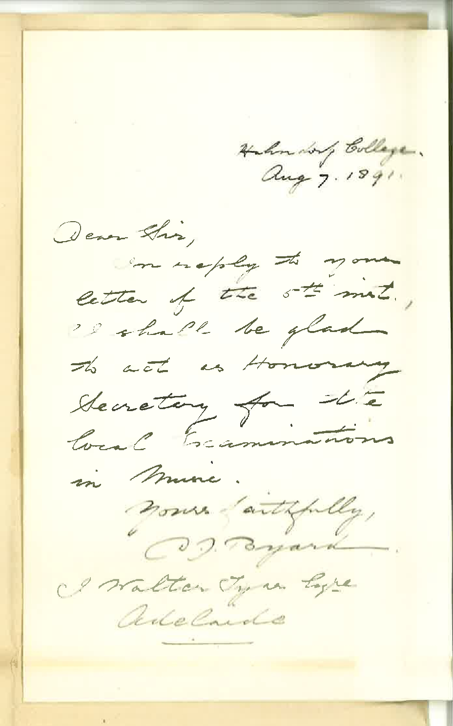 Douglas John Byard - Hahndorf - Will act as Supervisor for Music at Hahndorf